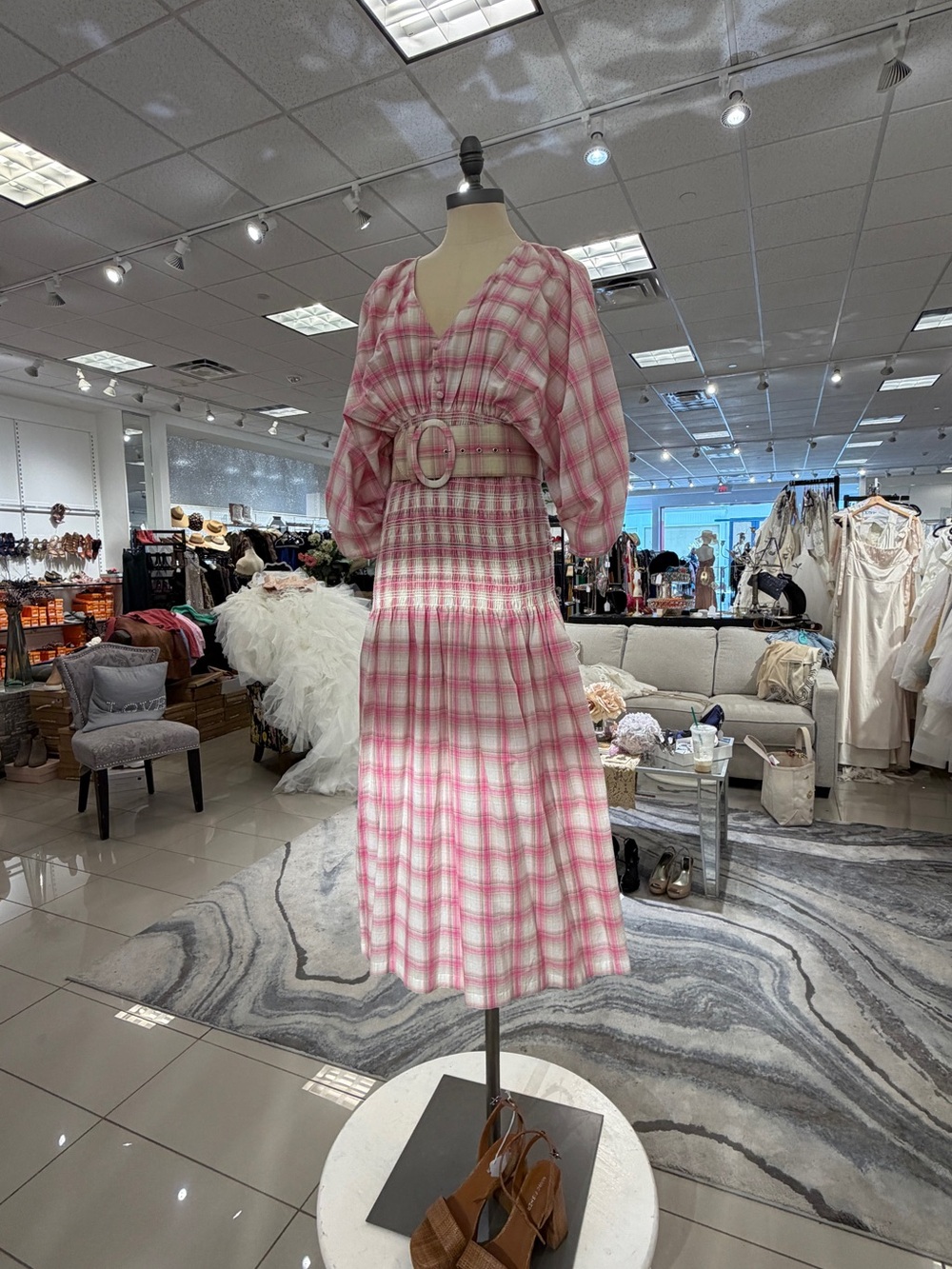 Pink Plaid Midi Dress with Belt